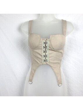 Beige Lace-Up Bustier Crop Top With Straps & Metal Rings Size S Rocker Corset